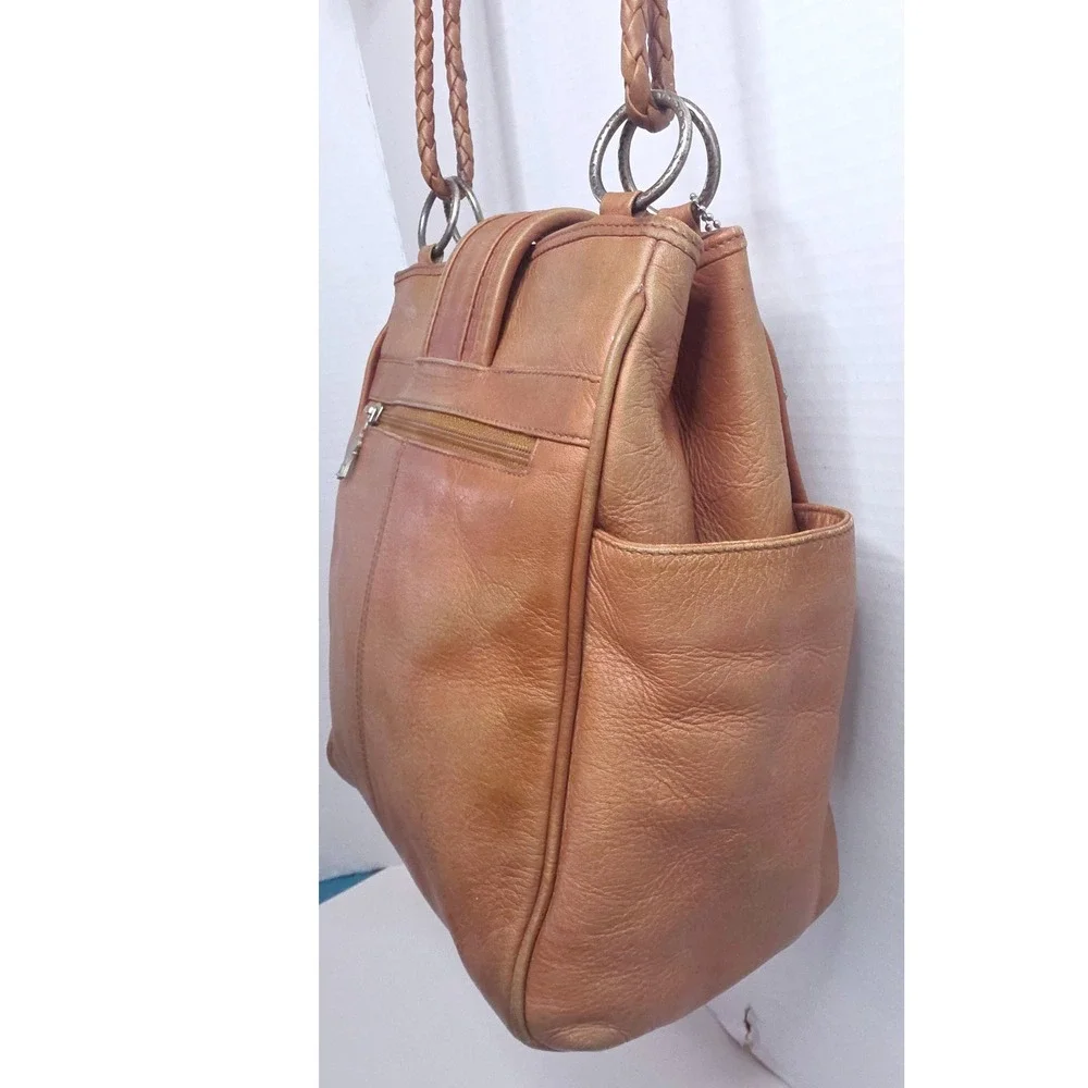 VTG 90s American Angel Tan Leather Braided‎ Strap Shoulder Bag Silver Medallion
